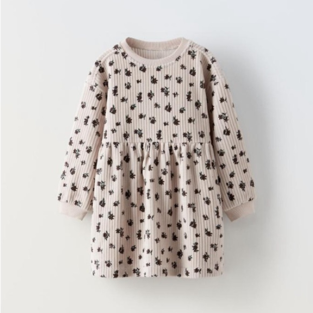 Zara Cream Ribbed Knit Dress with Black Floral Print
